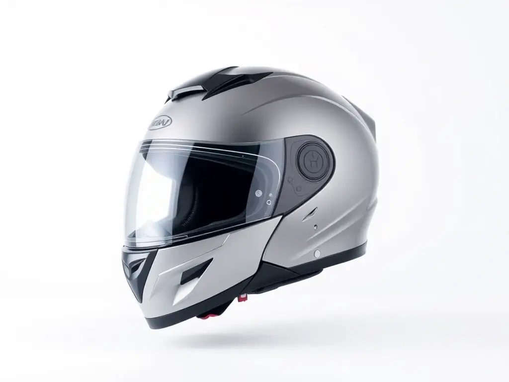 A high-quality photograph showcasing a full-face motorcycle helmet with a sleek design, emphasizing its aerodynamic features and advanced safety technology. The helmet is placed on a clean, modern background to highlight its details.