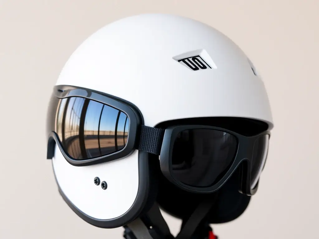 A close-up shot of an open-face motorcycle helmet, emphasizing its lightweight construction and minimalist design. The helmet is paired with stylish riding goggles to showcase its classic appeal.
