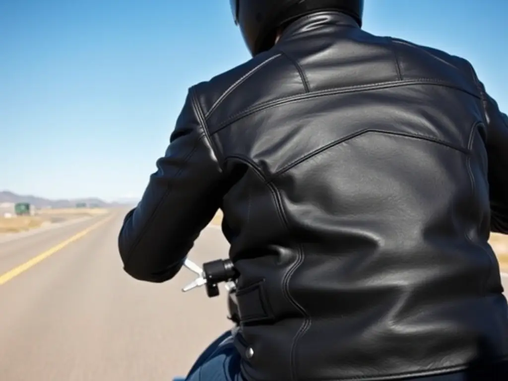 A rider wearing a highly-rated leather motorcycle jacket, emphasizing its stylish design and protective features, while riding on an open highway.