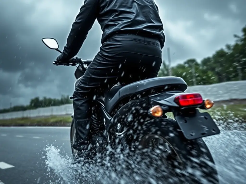 A rider wearing waterproof motorcycle pants, riding through a heavy rainstorm, demonstrating the pants' ability to keep the rider dry and comfortable.
