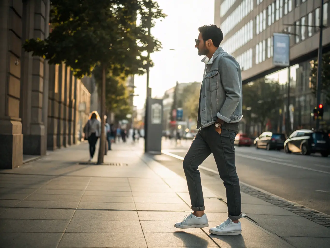 A rider wearing casual-style motorcycle pants, walking around a city, showcasing the pants' versatility and everyday usability.