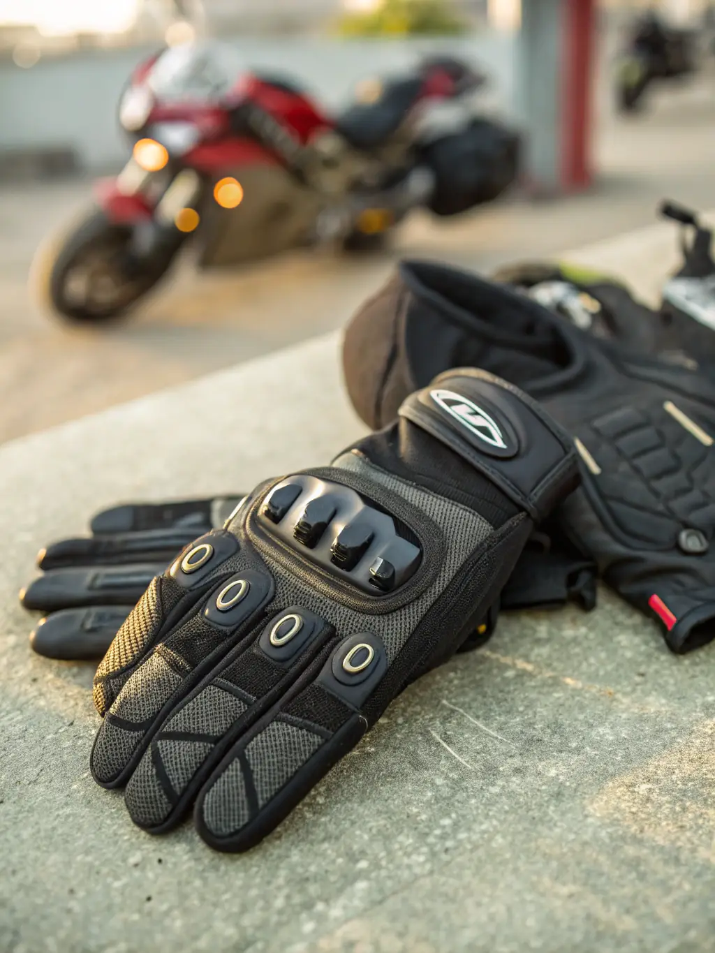A pair of sturdy motorcycle gloves with knuckle protection, emphasizing their grip, comfort, and safety features, suitable for a product category display.