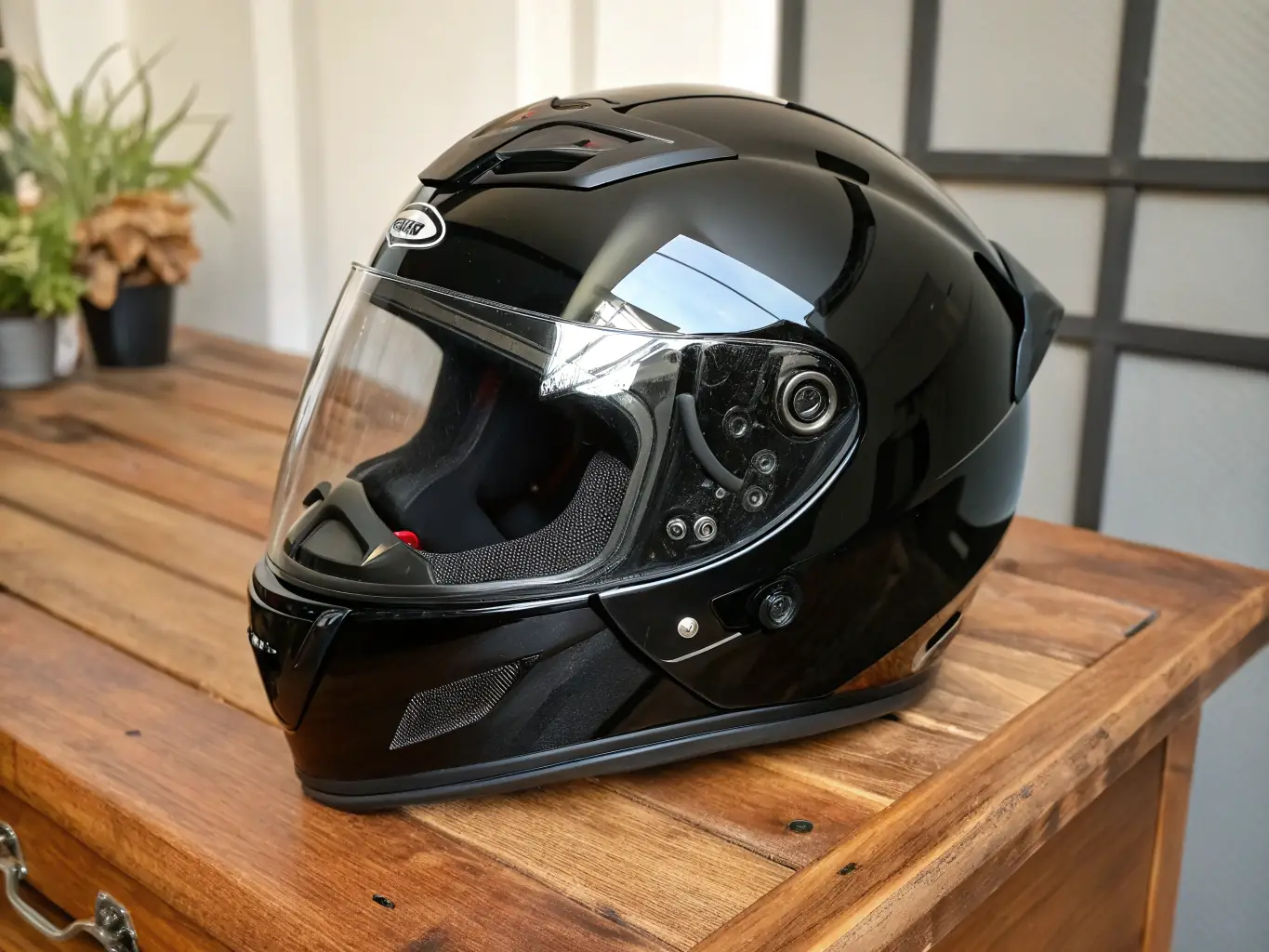 A close-up shot of a high-quality motorcycle helmet with a sleek design, showcasing its safety features and modern aesthetics. The helmet is placed on a clean surface, highlighting its construction and finish.