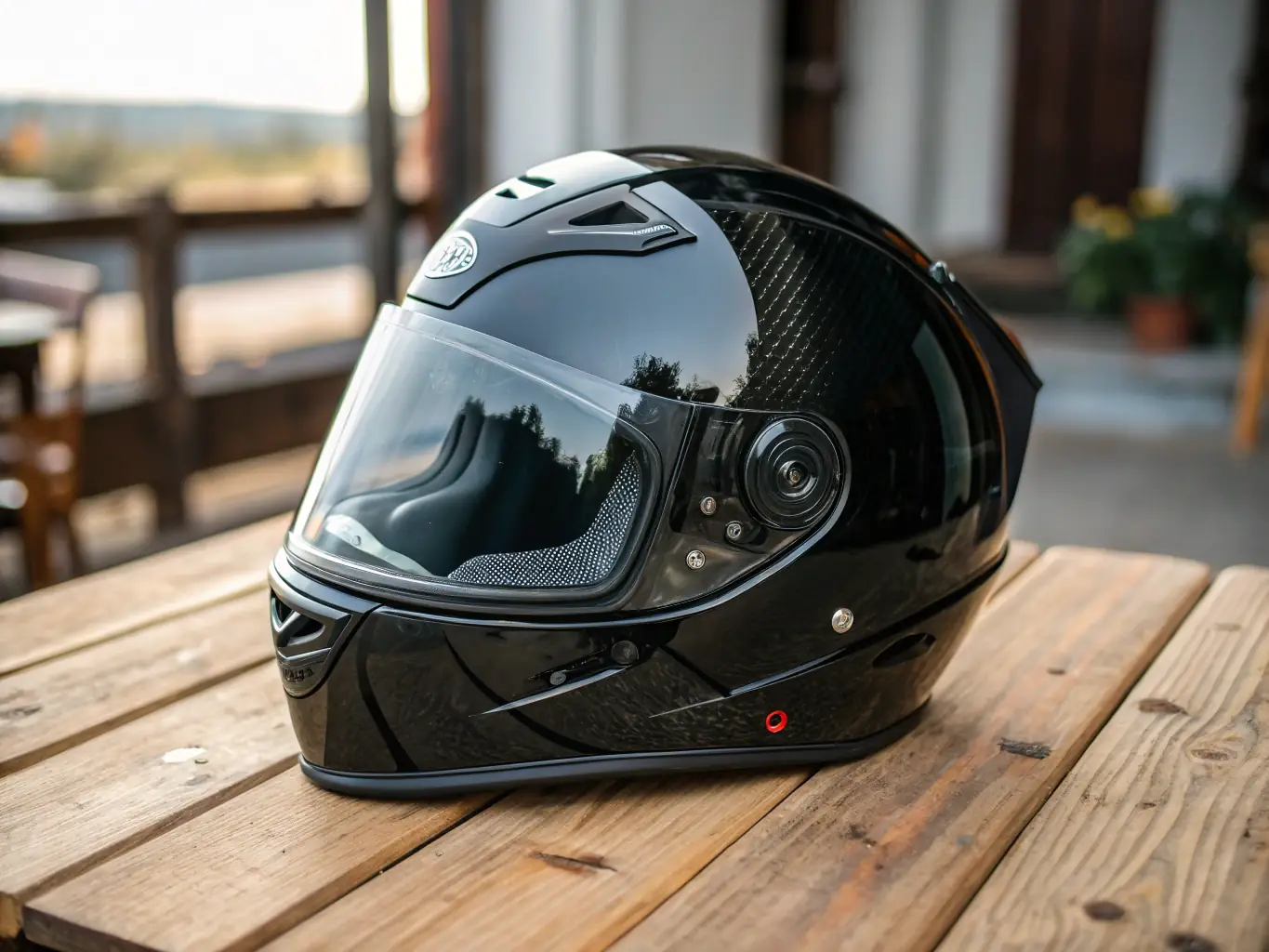 A close-up shot of a rider wearing a top-rated full-face helmet, showcasing its sleek design and safety features, with a blurred background of a scenic mountain road.