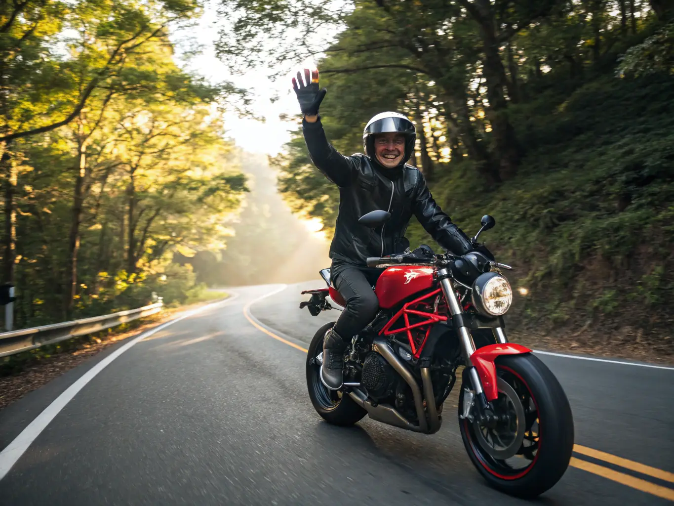 A rider wearing a textile motorcycle jacket, riding on a scenic road with mountains in the background, showcasing the jacket's versatility and comfort.