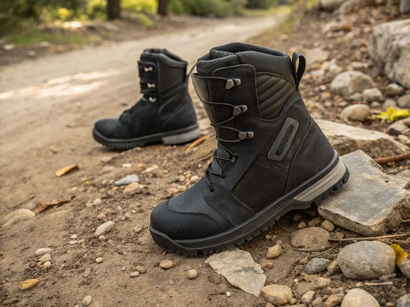 A close-up shot of a pair of sturdy motorcycle boots, highlighting their construction, material, and protective elements, set against a backdrop of a motorcycle footpeg.