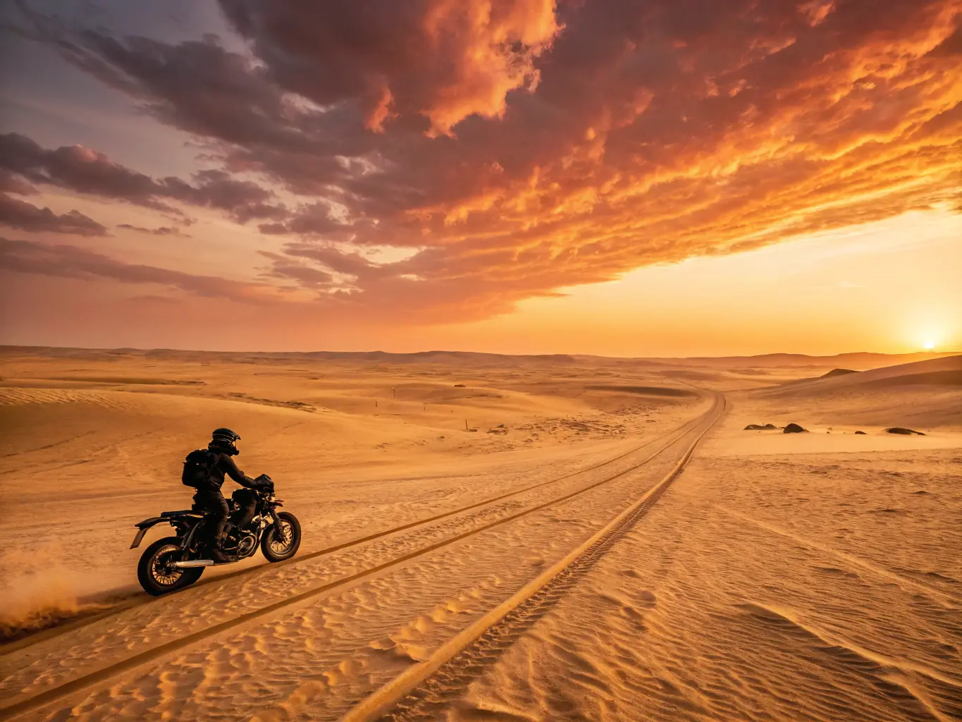 A rider wearing an armored mesh motorcycle jacket, riding in a hot desert environment. The jacket is brightly colored for high visibility.