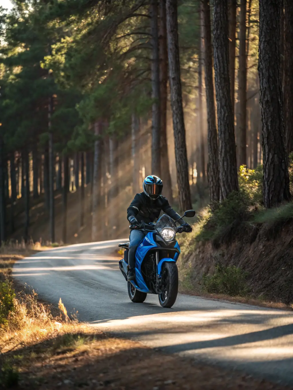 A dynamic shot of an adventure motorcycle helmet with a prominent peak and aggressive styling, set against a backdrop of a scenic mountain road. The helmet is equipped with a clear visor and integrated sun shield.