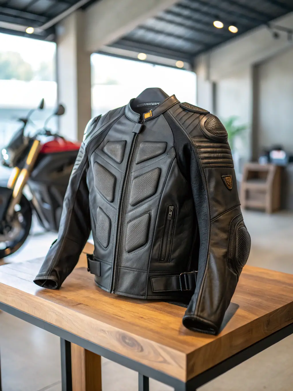 A sturdy motorcycle riding jacket with abrasion-resistant material and reflective elements, emphasizing its safety features and weather protection, for a review on The Wiser Rider.
