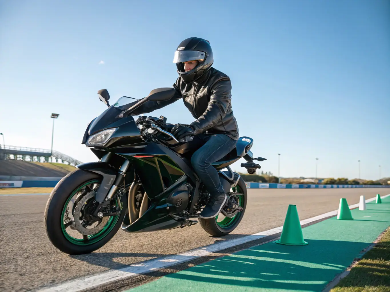 A rider wearing armored motorcycle pants, knee down in a corner on a racetrack, showcasing the protection and flexibility of the gear.
