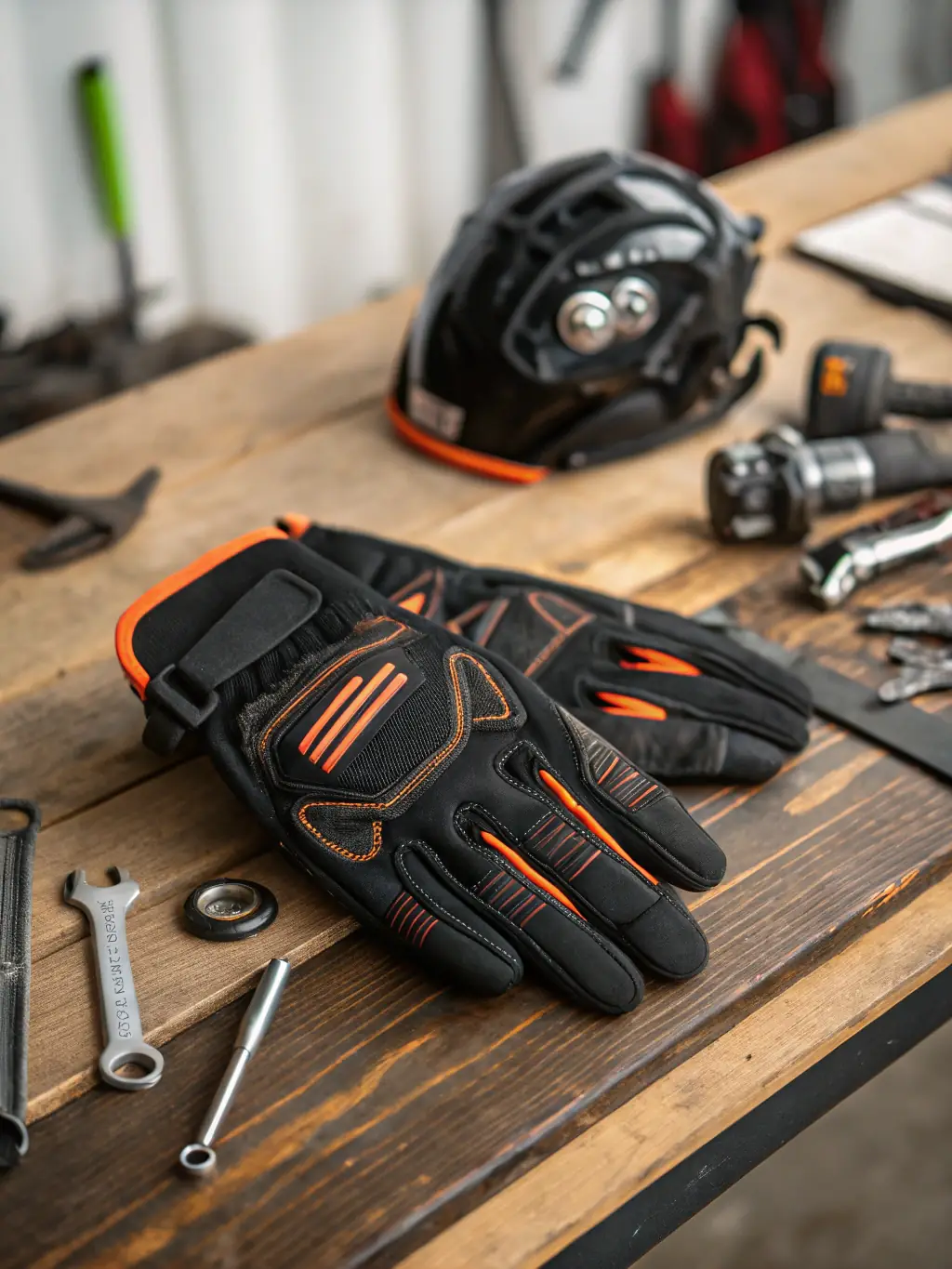 A pair of durable motorcycle riding gloves made of leather and reinforced with protective padding, highlighting their grip and flexibility, perfect for a gear review.
