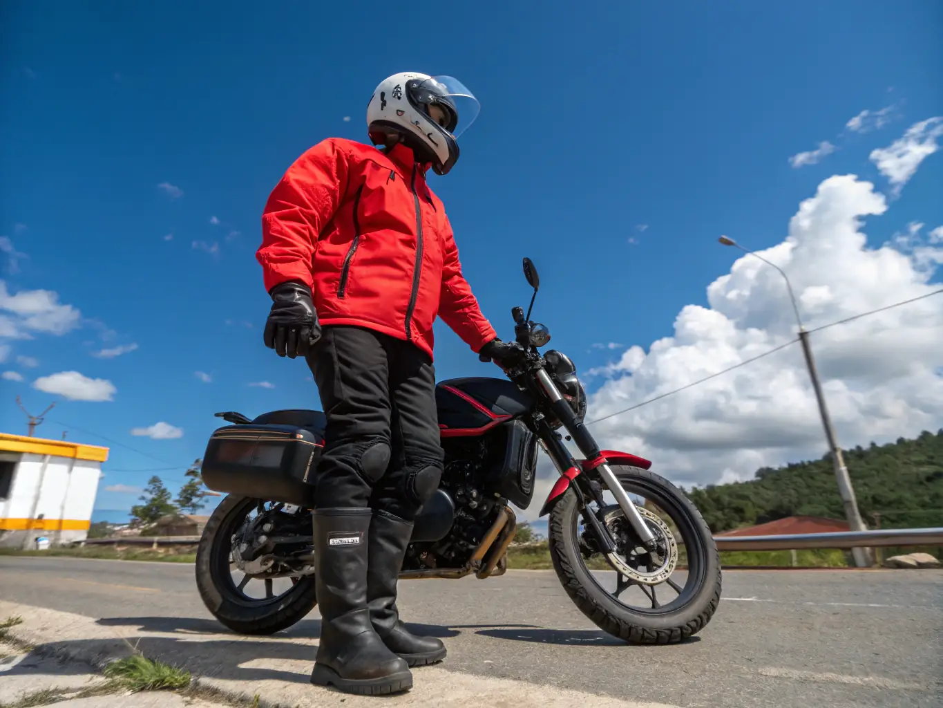 A rider wearing a black leather motorcycle jacket, riding a motorcycle on a sunny open road. The jacket has visible armor padding on the shoulders and elbows.