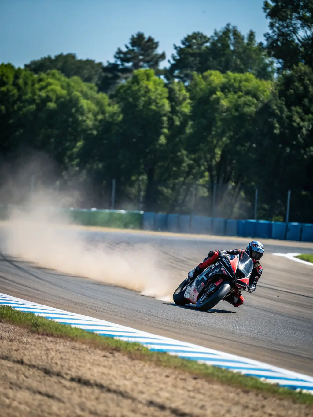 A motorcycle rider wearing a sleek sportbike jacket, leaning into a turn on a racetrack, highlighting the jacket's aerodynamic design and protective features.