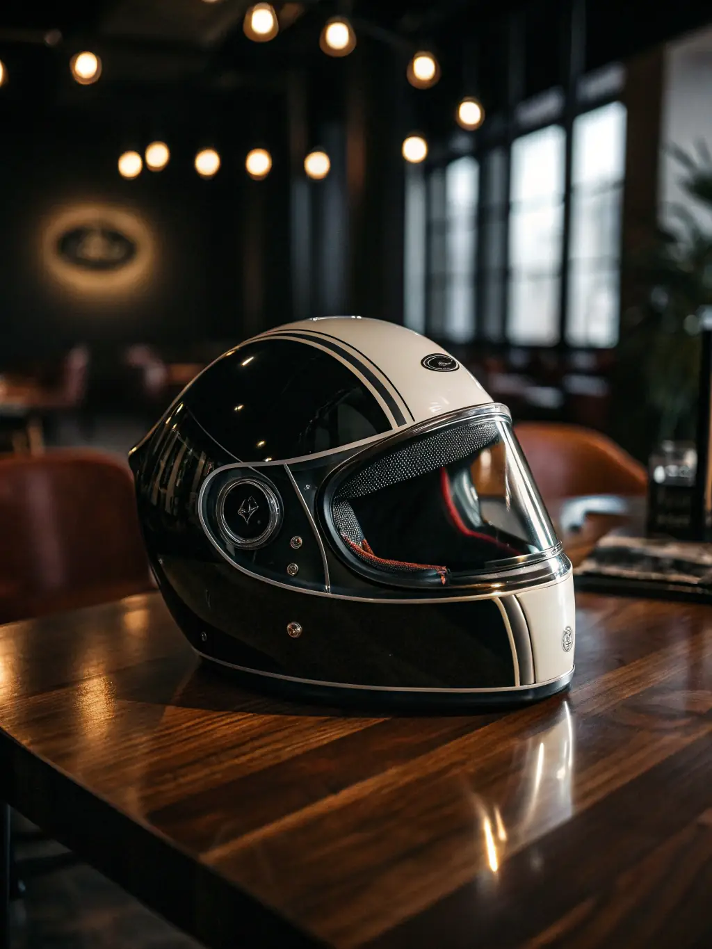 A high-quality full-face motorcycle helmet with a sleek design, showcasing its aerodynamic shape and integrated visor system, suitable for a review on The Wiser Rider.