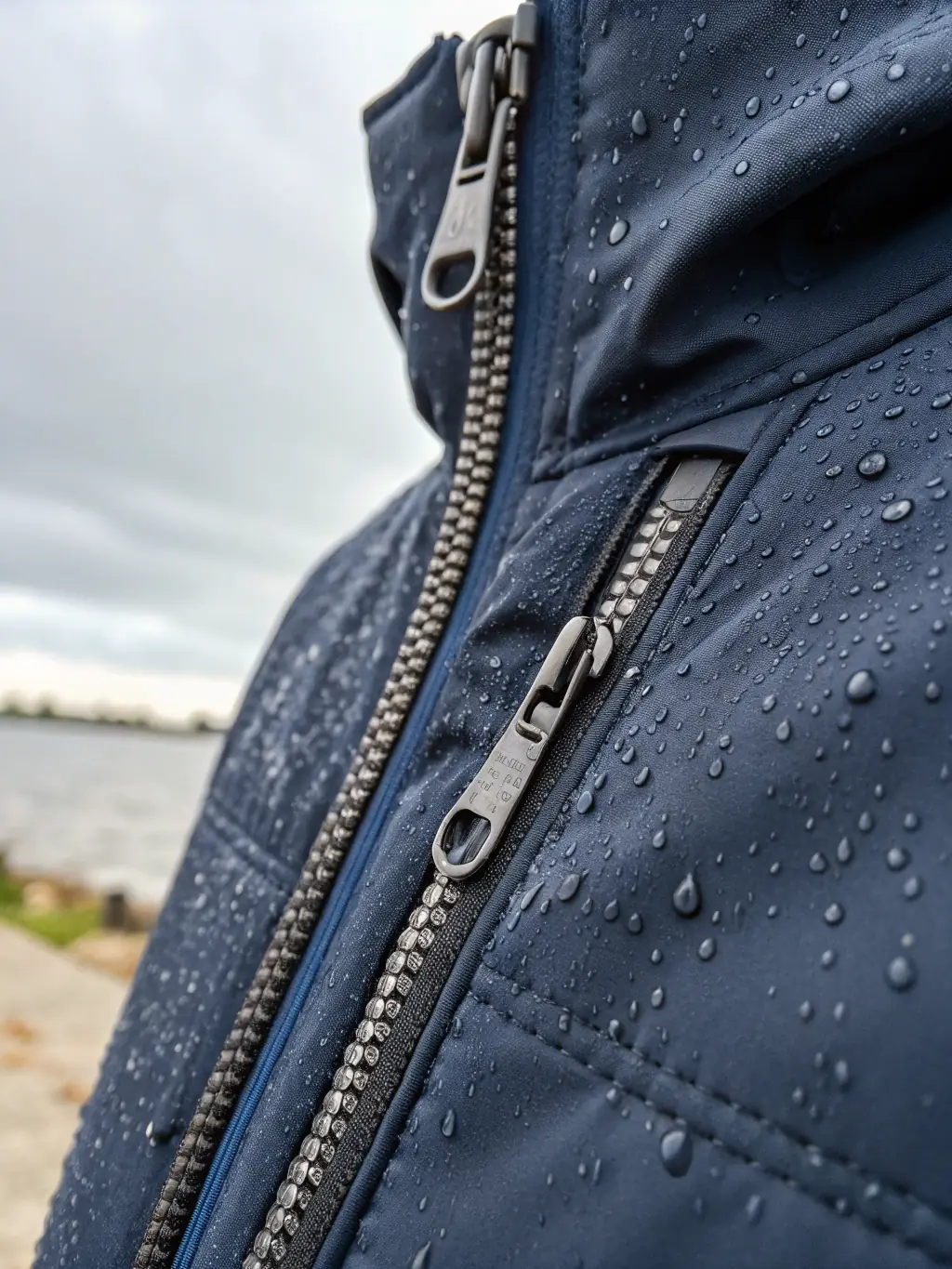 A close-up shot of a waterproof motorcycle jacket, with water droplets beading on the surface, demonstrating its water-resistant capabilities.