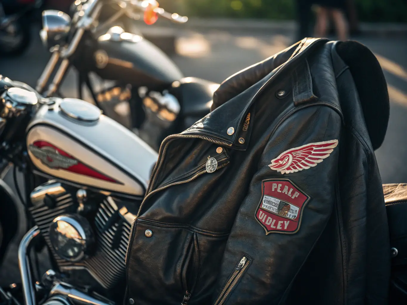 A close-up shot of a leather motorcycle jacket, highlighting its premium materials, stitching, and protective armor.